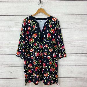 LANDS END Floral V Notch Neck Swim Cover-Up Tunic 2X